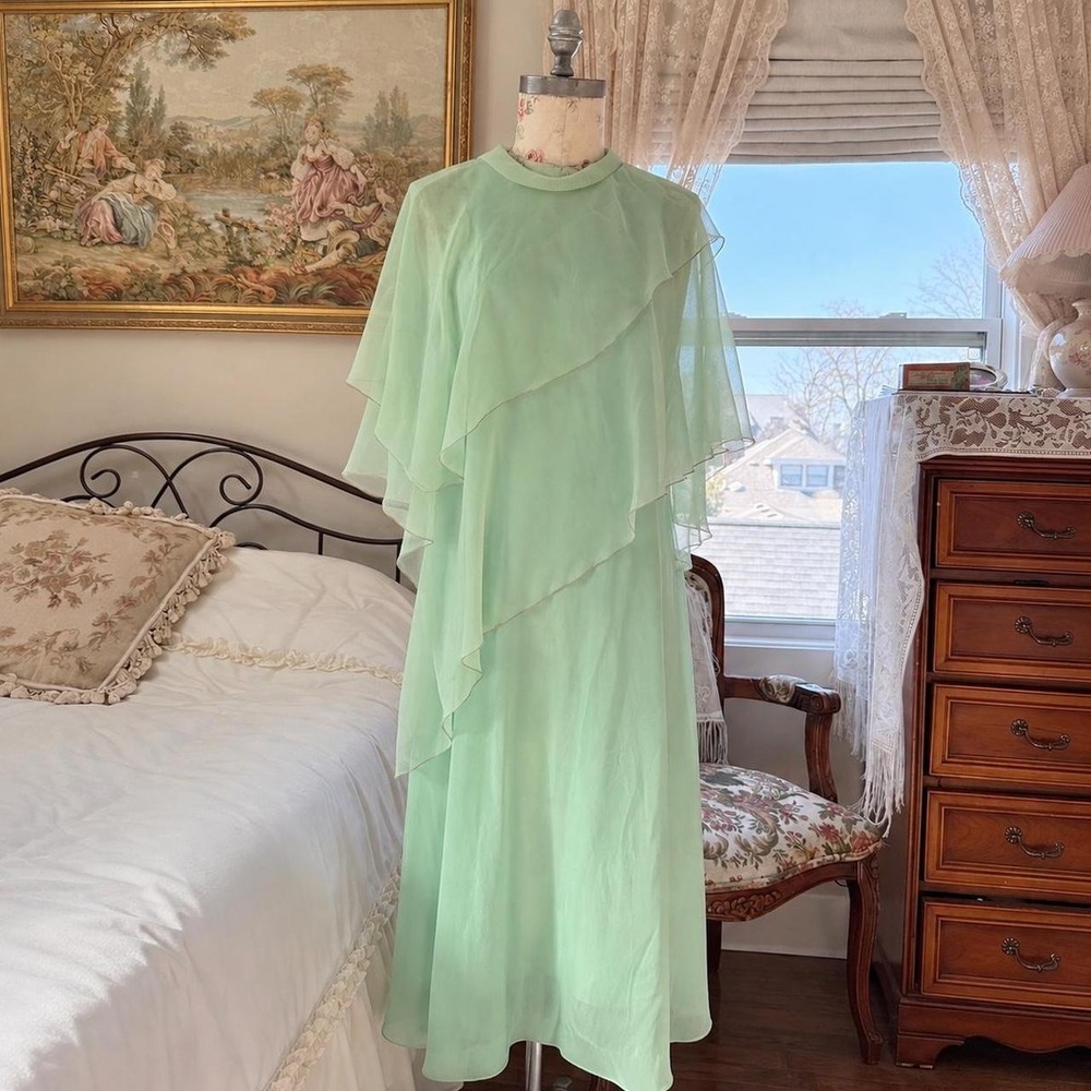 70s green Cape Dress  70s mint green maxi formal gown size 14